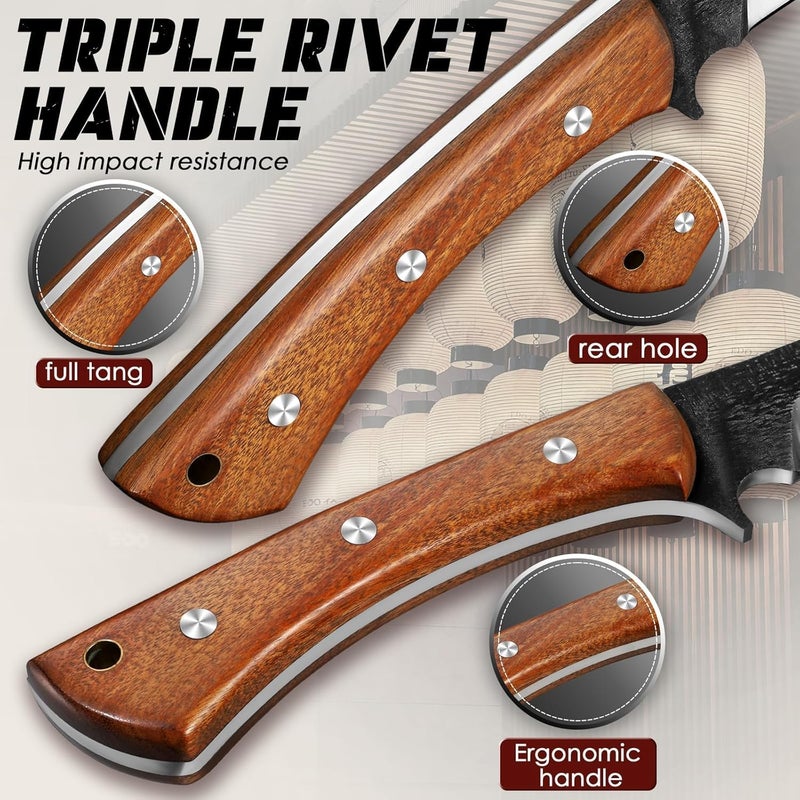 Freelander Japanese Style High Carbon Steel Machete with Red Sandalwood Ergonomic Full Tang Handle and Wood-Leather Sheath, for Camping, Hiking, Yard Work, and Survival,Christmas Gifts for Men Women - Image 4